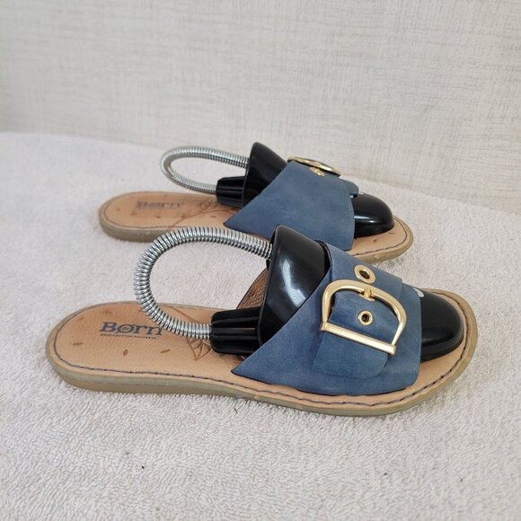 Born Sandals Womens 6M Blue Gold Leather Slides F26304 Casual Comfort - Picture 4 of 7